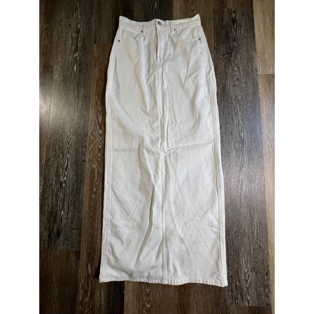 Forever 21 Denim Maxi Skirt Women Size M White High Waisted Back Slit Long Skirt